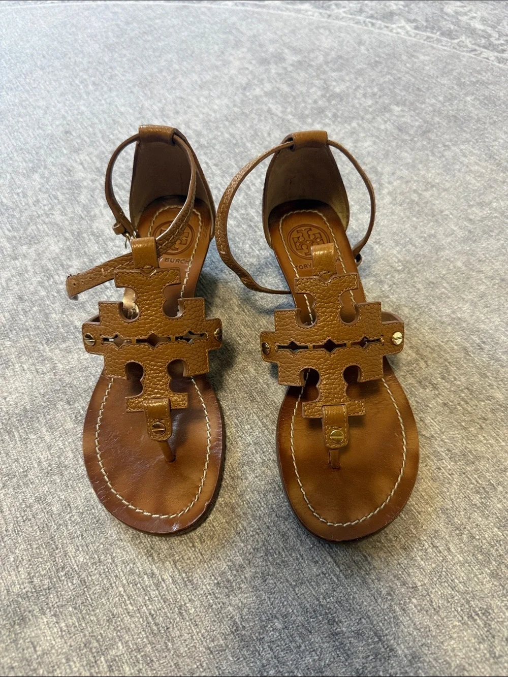 Tory Burch Brown Leather Logo T-Strap Sandals